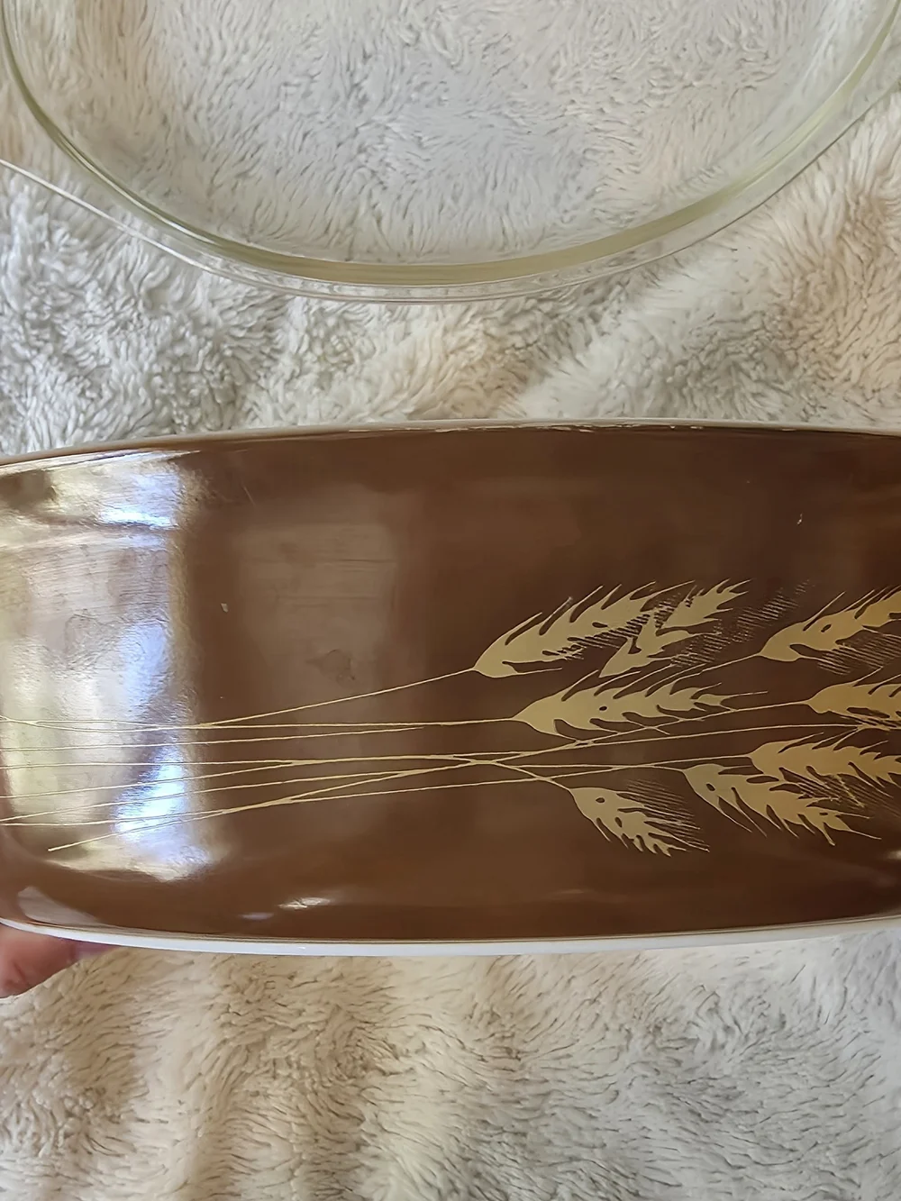 Pyrex Brown Casserole Dish with Gold Wheat Motif and Clear Lid